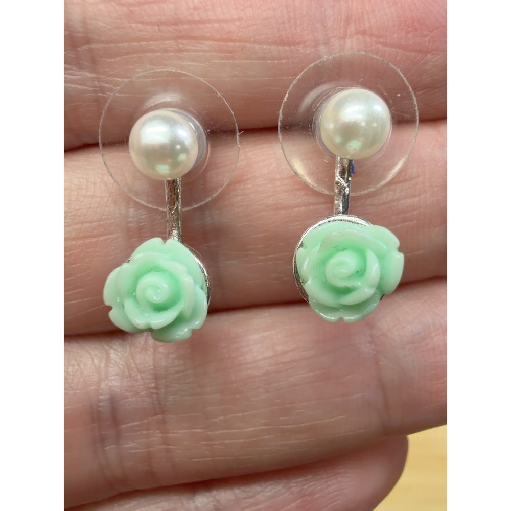Mint Green Rose Faux Pearl Ear Jacket Earrings Silver Tone Floral